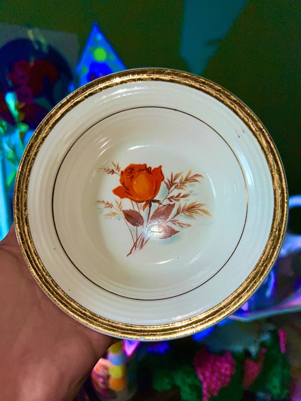 vintage American Limoges Vermillion Rose bowl featuring a 22k gold rim